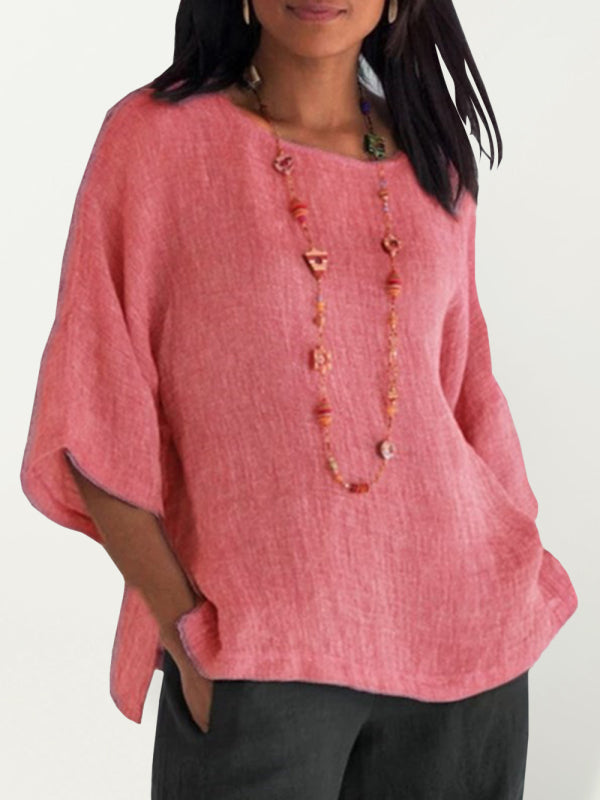 Foreign trade women's three-quarter sleeve round neck cotton linen shirt top