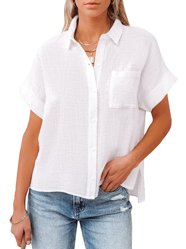 New cotton and linen short-sleeved casual side slit pocket shirt