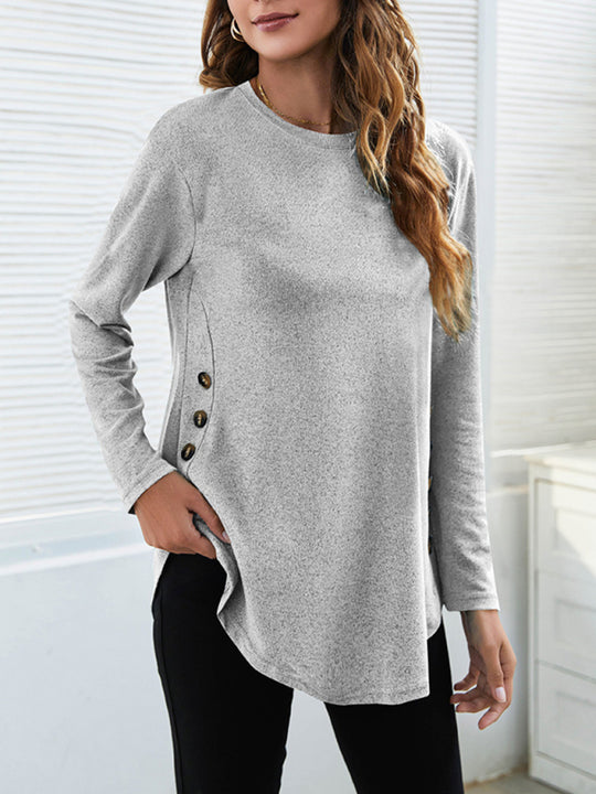 Round Neck Women's Casual Simple Button Long Sleeve T-Shirt