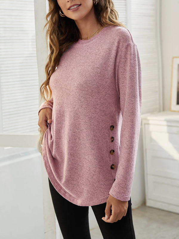 Round Neck Women's Casual Simple Button Long Sleeve T-Shirt