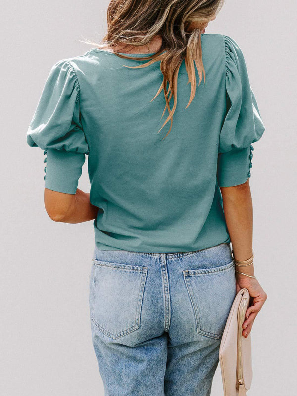 New round neck solid color button loose top T-shirt shirt