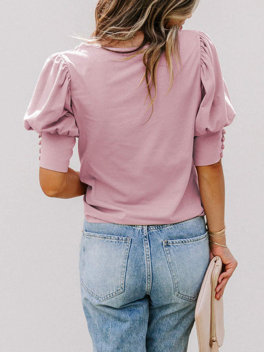 New round neck solid color button loose top T-shirt shirt