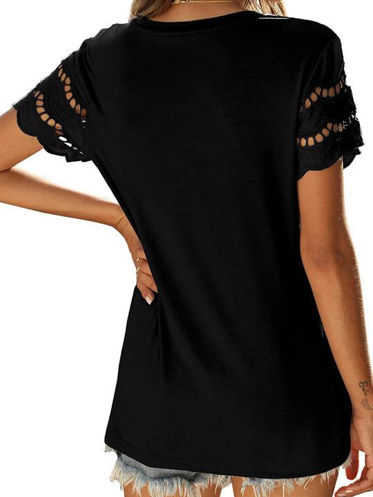 Summer new lace stitching short-sleeved T-shirt round neck top