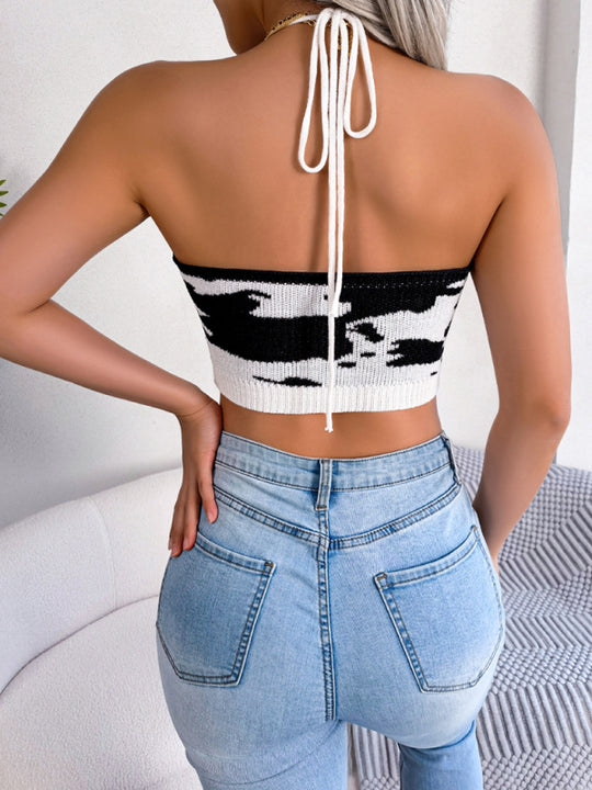 Women's Sexy Cow Pattern Waist Sling Cropped Knitted Sweater