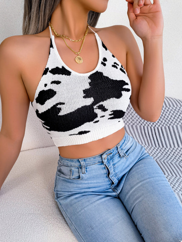 Women's Sexy Cow Pattern Waist Sling Cropped Knitted Sweater
