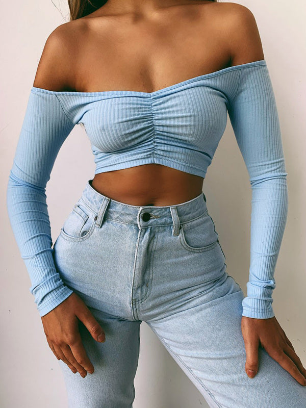 Women's navel cropped cropped slim-fit off-shoulder long-sleeved top