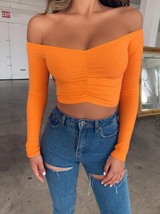 Women's navel cropped cropped slim-fit off-shoulder long-sleeved top