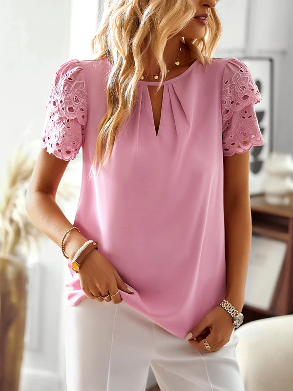 Women's solid color temperament elegant stitching lace sleeve short-sleeved top