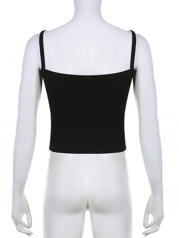 Women's Black and White Contrasting Color False Two-piece Stitching Slim Camisole Top
