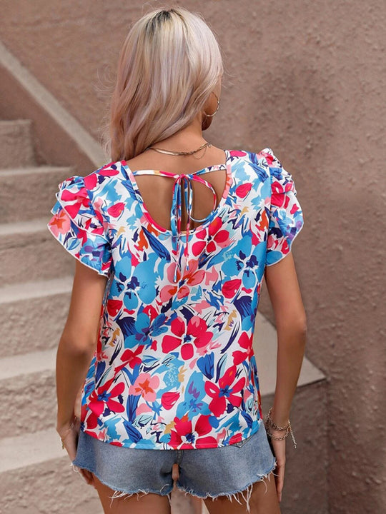 Women's Summer New Fashion Floral Print Double Layer Feifei Short Sleeve Shirt