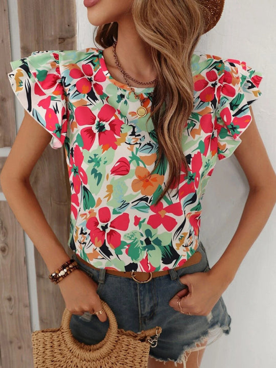 Women's Summer New Fashion Floral Print Double Layer Feifei Short Sleeve Shirt