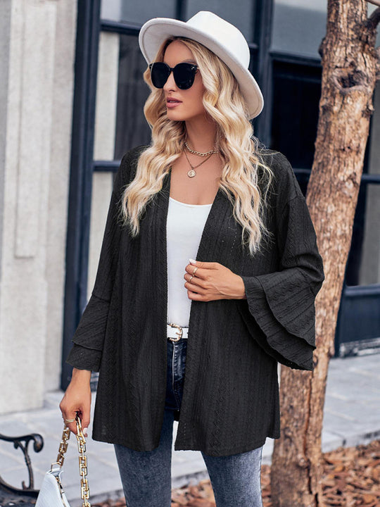 Solid Color Casual Bell Sleeve Knit Cardigan Top