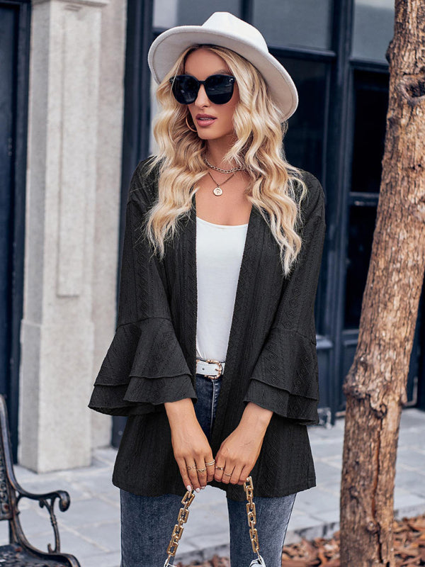 Solid Color Casual Bell Sleeve Knit Cardigan Top