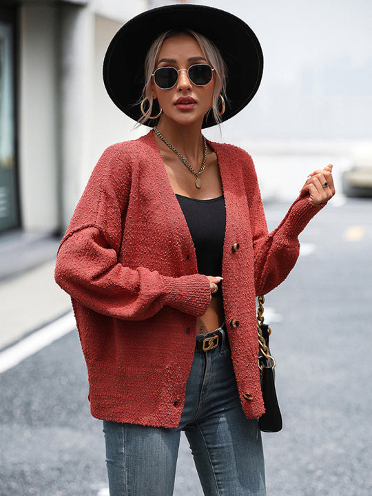 Women's V-neck button solid color knitted cardigan women's coat sweater