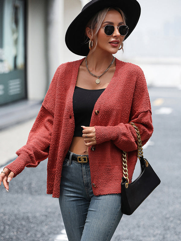 Women's V-neck button solid color knitted cardigan women's coat sweater
