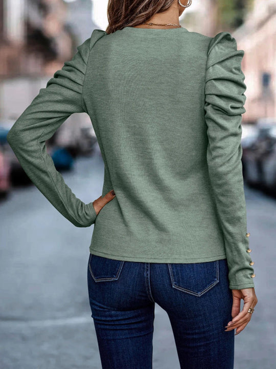 Cashmere Round Neck Slim Puff Sleeve Long Sleeve Top