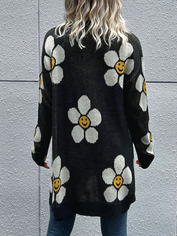 Women's mid length floral long sleeve sweater cardigan