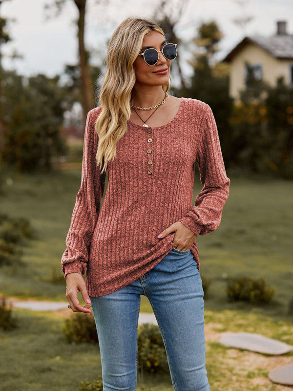 Round neck ribbed brushed solid color buttoned long-sleeved T-shirt
