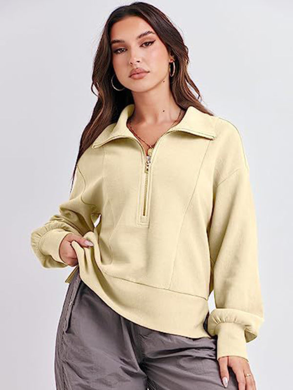Women's Loose Zipper Neck Long Sleeve Sweatshirt Top