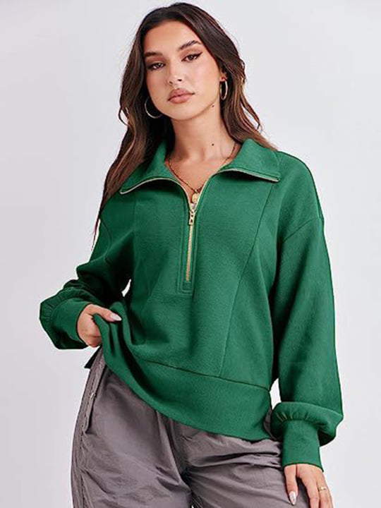 Women's Loose Zipper Neck Long Sleeve Sweatshirt Top