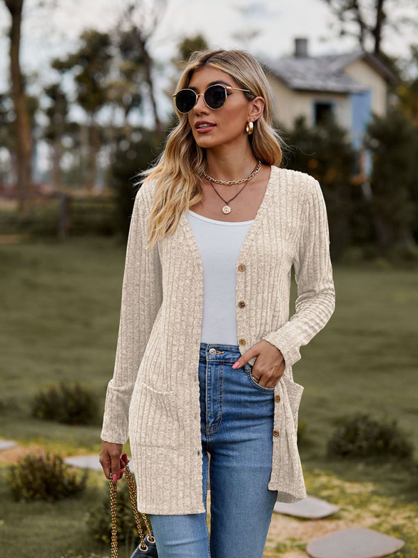 Brushed pitted solid color long-sleeved ladies cardigan