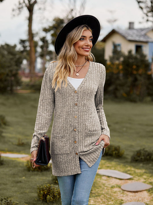 Brushed pitted solid color long-sleeved ladies cardigan