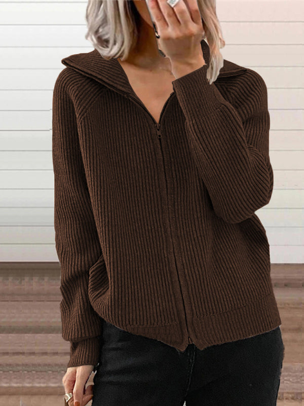Women's loose knitted zipper long sleeve lapel cardigan