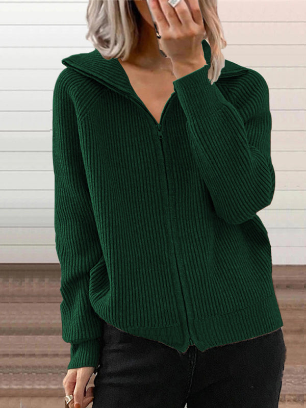 Women's loose knitted zipper long sleeve lapel cardigan