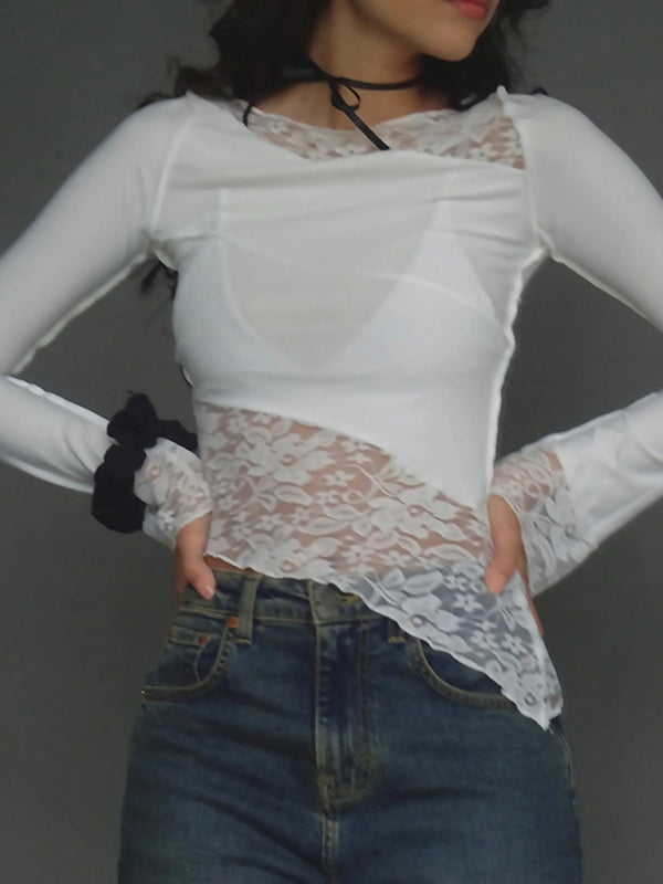 Women's lace patchwork long sleeve top