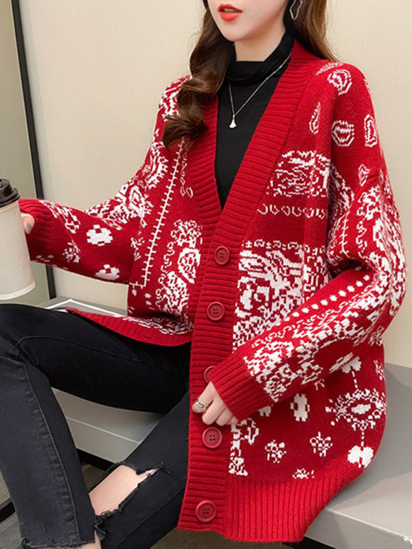 Christmas deer head snowflake jacquard pullover knitted cardigan