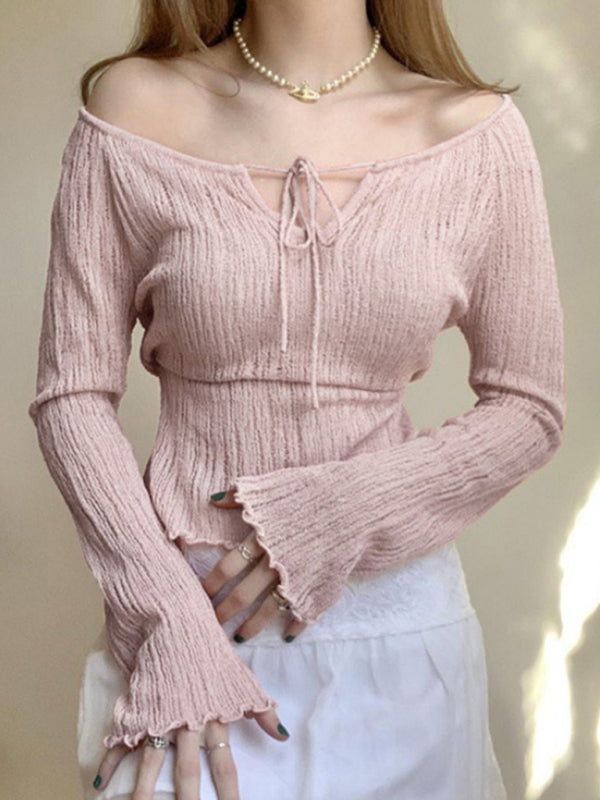 V-neck lace-up off-the-shoulder long-sleeved sweater