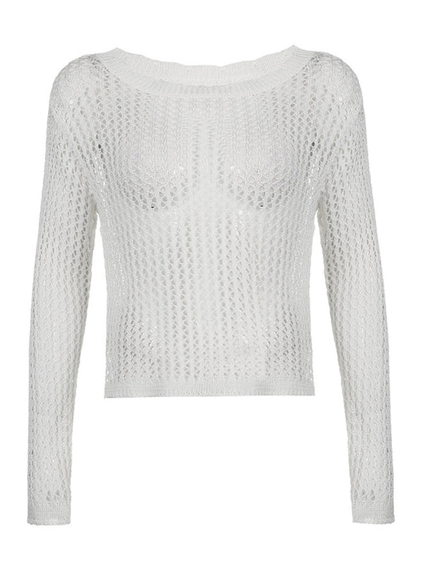 Women's loose see-through mesh long-sleeved knitted top