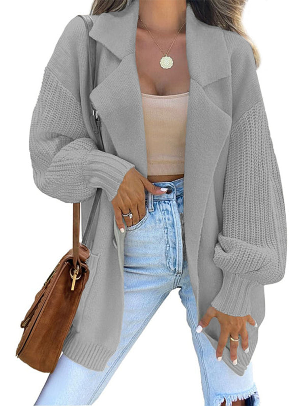 Women's suit collar long sleeve knitted jacket cardigan