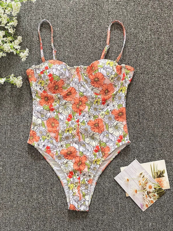 New flower one-piece low-cut high-cross swimsuit