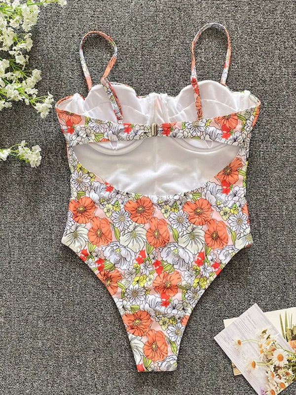 New flower one-piece low-cut high-cross swimsuit