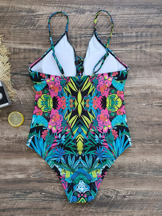 New deep V strappy one-piece swimsuit cashew flower print triangle one-piece swimsuit