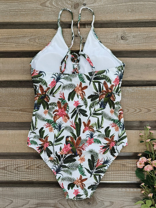 New deep V strappy one-piece swimsuit cashew flower print triangle one-piece swimsuit