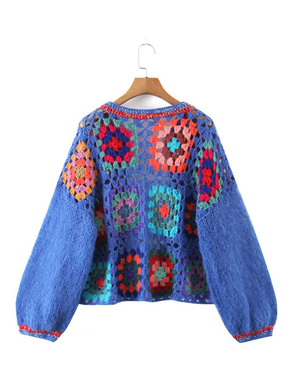 Women's loose color block crochet cardigan