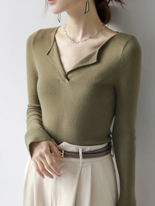 Women's V-neck slim long-sleeved knitted top