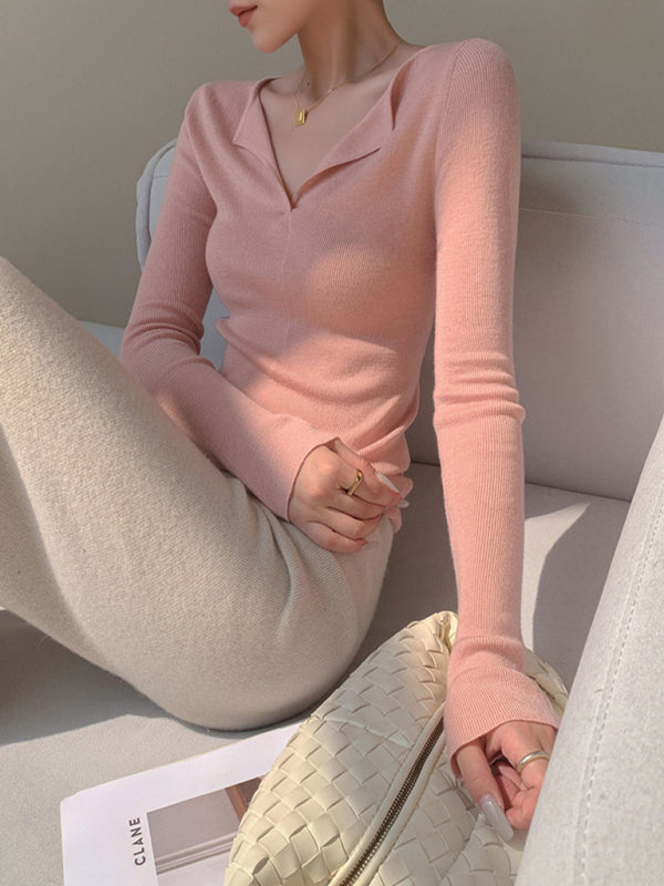 Women's V-neck slim long-sleeved knitted top