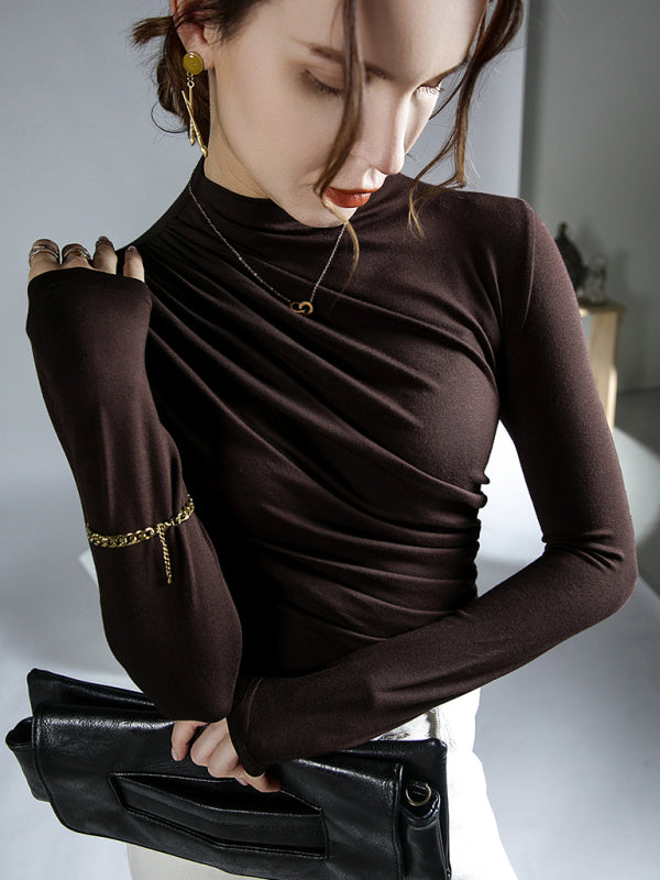 Women's turtleneck pleated slim fit knitted top