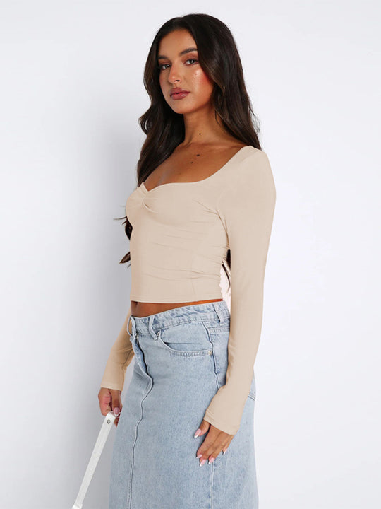 Elegant long-sleeved square-neck knitted top