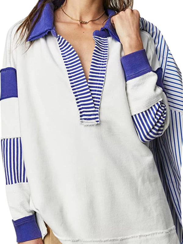 Women's loose V-neck casual long-sleeved patchwork sweatshirt