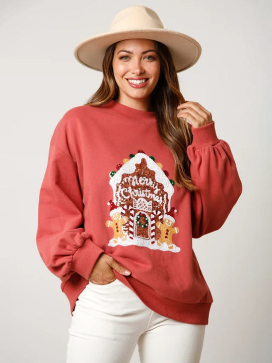 Women's Christmas embroidered sequined pullover sweatshirt
