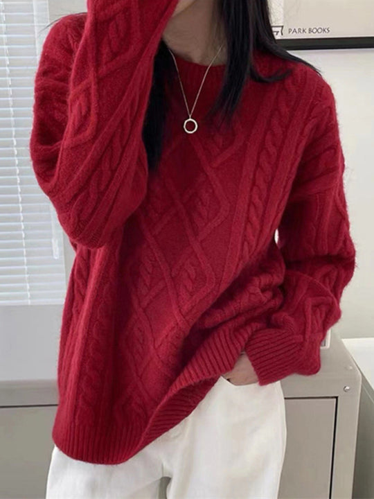 Women's long sleeve round neck twist loose sweater