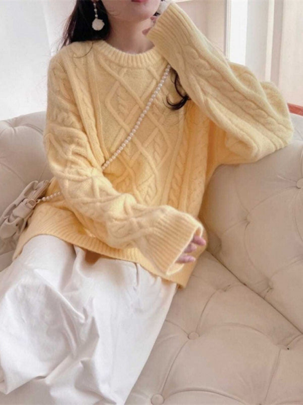Women's long sleeve round neck twist loose sweater