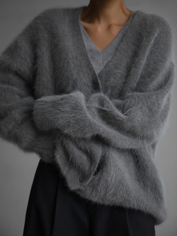 Women's loose long sleeve long wool V-neck sweater cardigan