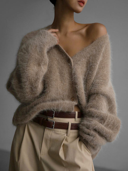 Women's loose long sleeve long wool V-neck sweater cardigan