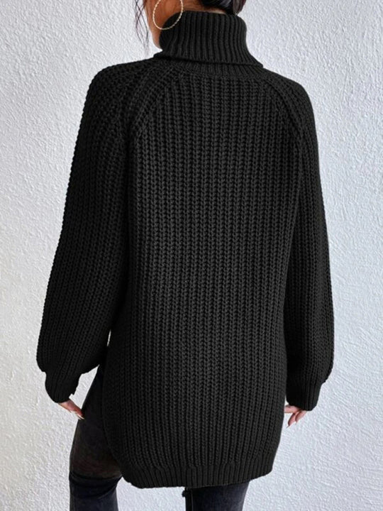 Women's casual pullover turtleneck slit loose sweater