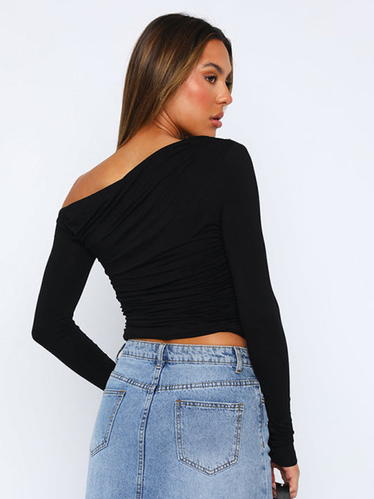 Off-shoulder long-sleeved gathered midriff-baring knit top